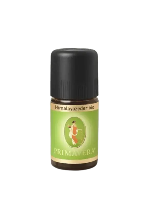 Organic Himalayan Cedarwood essential oil in a 5 ml bottle, suitable for aromatherapy and relaxation, produced by Primavera.