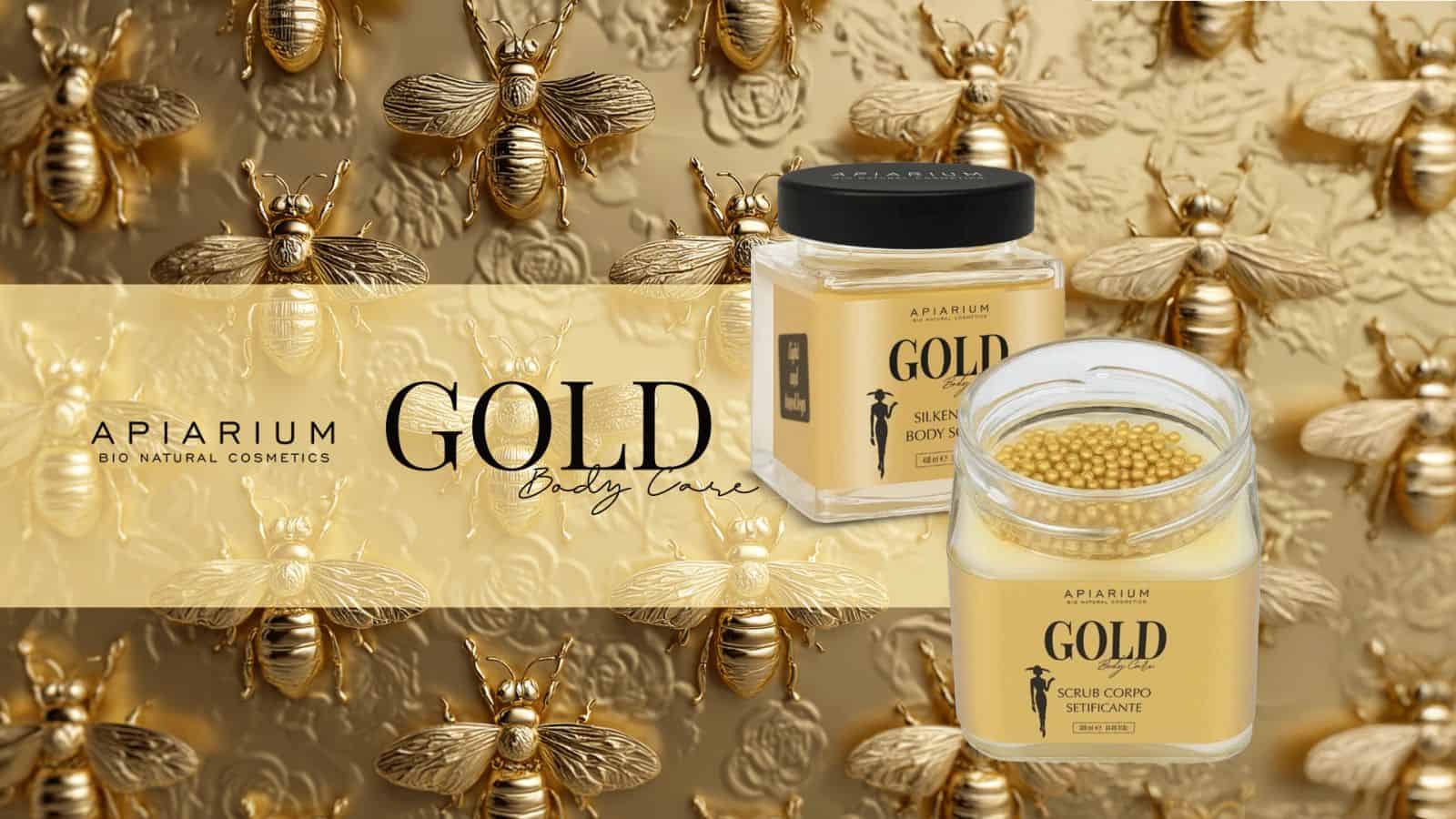 АЛТ текст: Луксозни козметични продукти от серията GOLД на MAKASA, включващи body scrub и body serum, с грациозен златен дизайн, символизиращ лукс и красота.