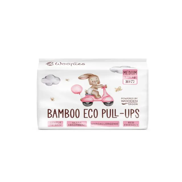 Биоразлагаемые детские экологичные штанишки Woopies, размер Medium, 9–14 кг, 30 шт., деревянная ложка.