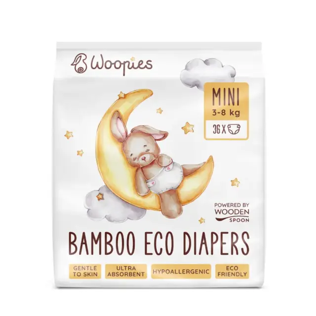 Биоразградими бебешки еко пелени Woopies Mini, 3–8 кг, 36 бр Wooden Spoon