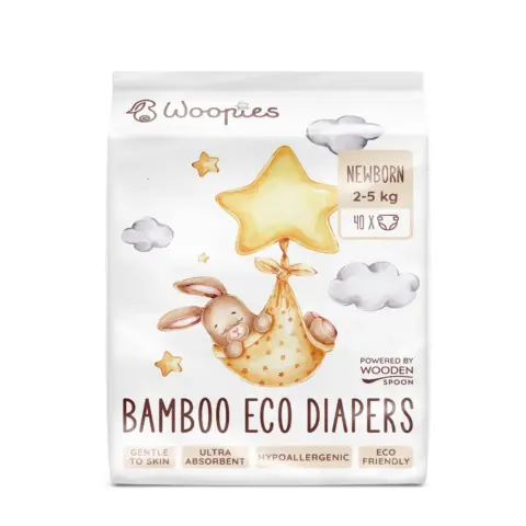 Биоразлагаемые экологичные детские подгузники Woopies для новорожденных, 2–5 кг, 40 шт., деревянная ложка.