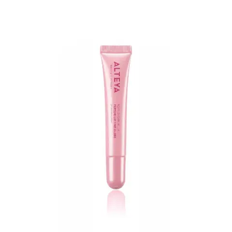 Портрет на гланц за устни Alteya Organics Rose Sugar Jelly в розов цвят, предназначен за хидратация и подчертаване на устните.