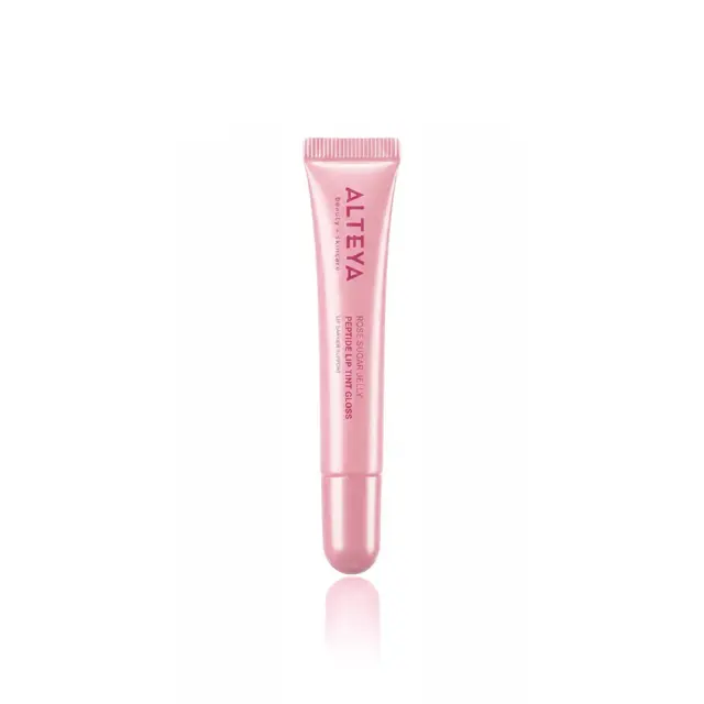 Портрет на гланц за устни Alteya Organics Rose Sugar Jelly в розов цвят, предназначен за хидратация и подчертаване на устните.