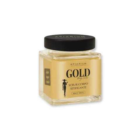 A gold body scrub containing natural ingredients and gold oil, designed to improve skin elasticity and radiance, providing deep hydration and moisturization.
